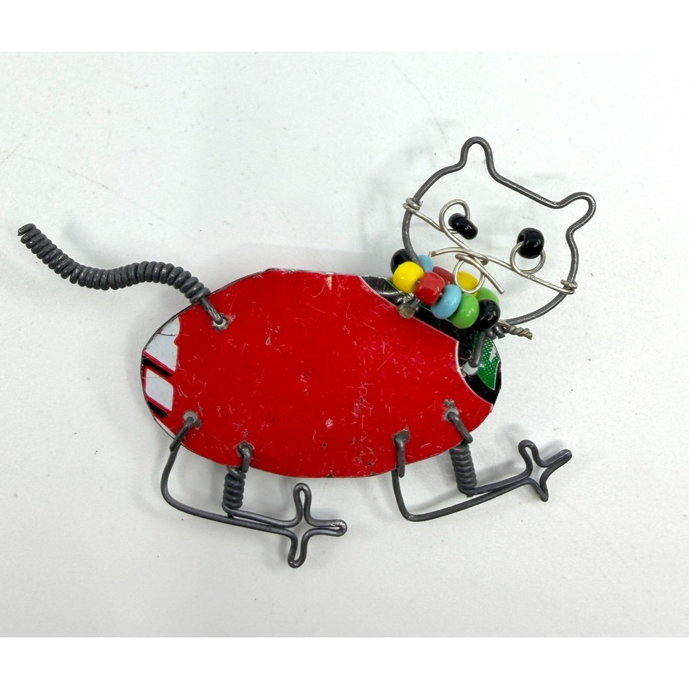 Handmade Recycled Tin Cat Brooch Pin Wire Beaded Folk Art Whimsical Gift Artisan